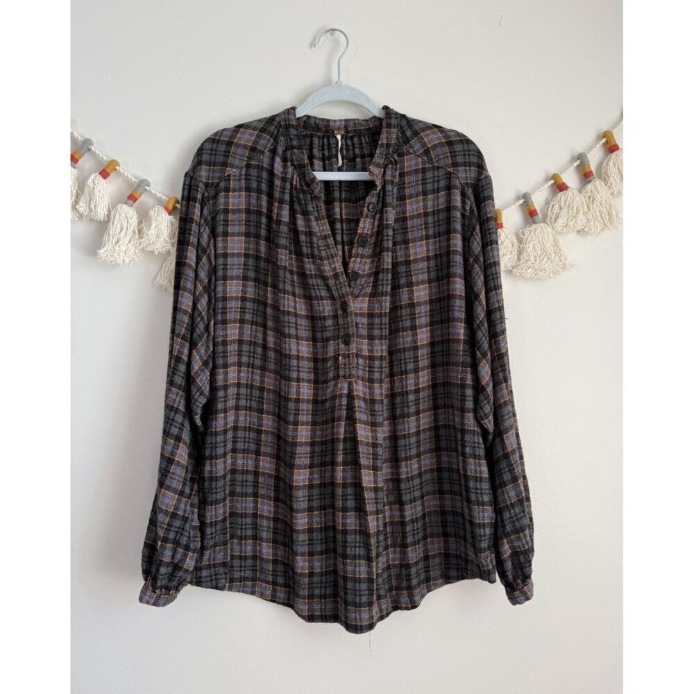 Free People Northern Bound Slub Cotton Plaid Oversized Flannel Top Slouchy M